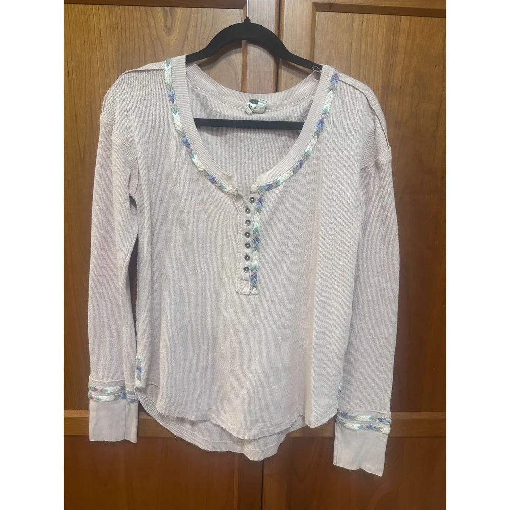 Free People We The Free Pink Waffle Knit Henley Thermal Top Medium boho